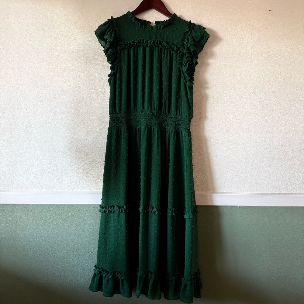 CeCe Dark Green Midi Dress with Ruffles